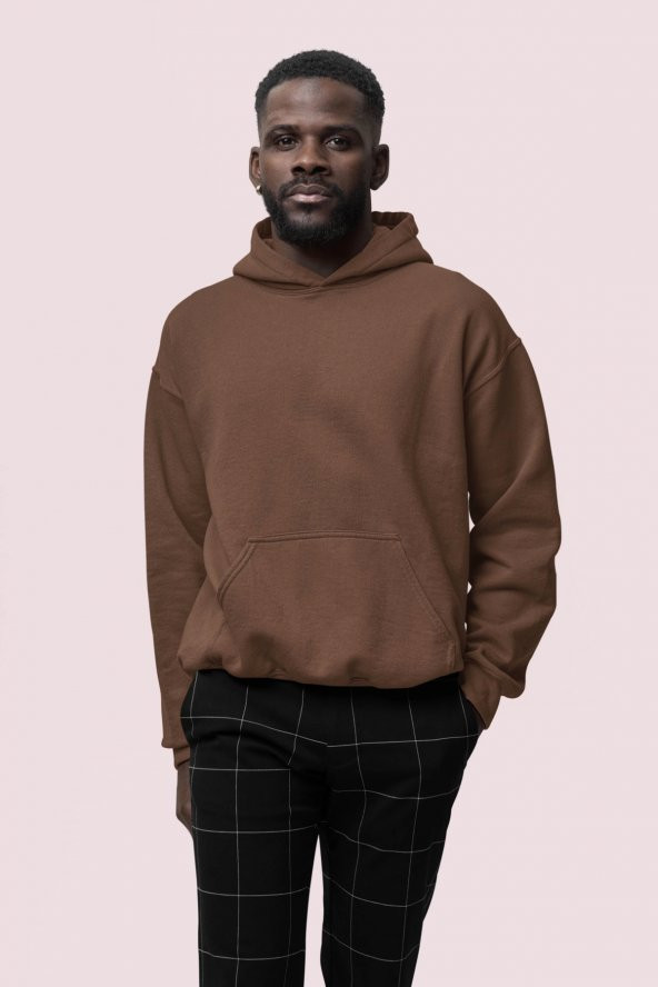 Düz Kahverengi Erkek Kapüşonlu 3 iplik Şardonlu Ribanalı Sweatshirt Hoodie