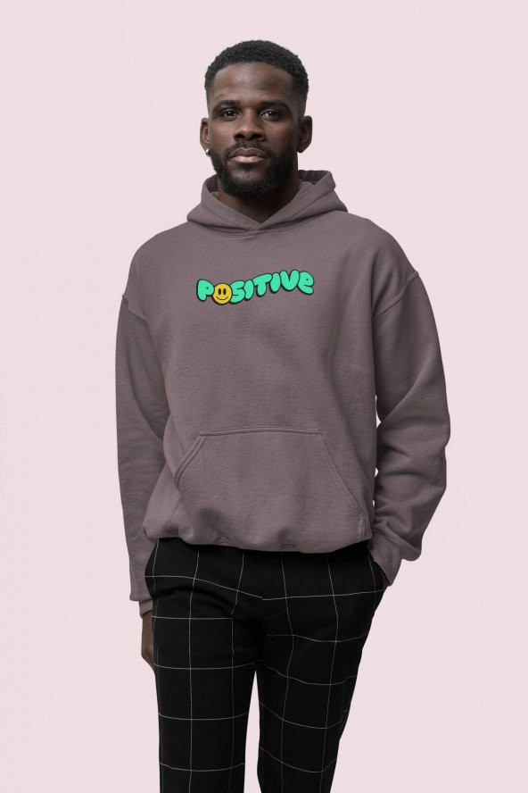 Positive Baskılı Gri Erkek Kapüşonlu 3 iplik Şardonlu Ribanalı Sweatshirt Hoodie