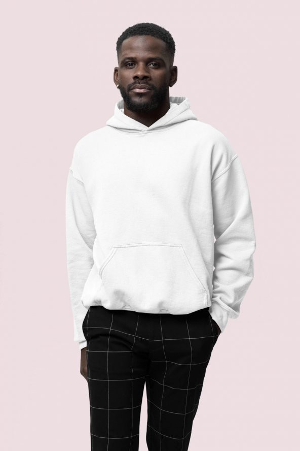 Düz Beyaz Erkek Kapüşonlu 3 iplik Şardonlu Ribanalı Sweatshirt Hoodie