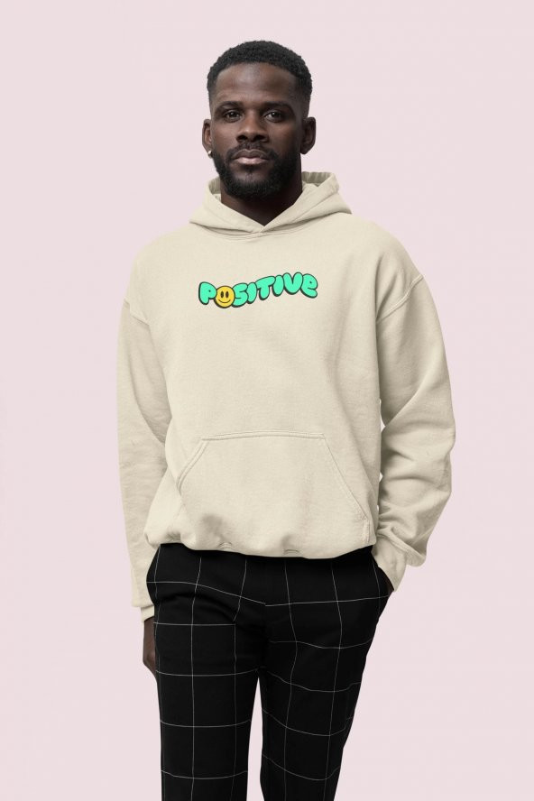 Positive Baskılı Bej Erkek Kapüşonlu 3 iplik Şardonlu Ribanalı Sweatshirt Hoodie