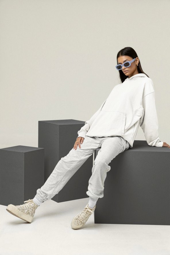 Kadın Düz Beyaz Erkek Kapüşonlu 3 iplik Şardonlu Ribanalı Sweatshirt Hoodie - 4