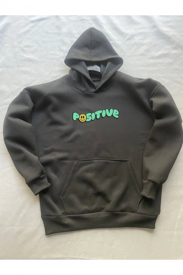 Positive Baskılı Siyah Erkek Kapüşonlu 3 iplik Şardonlu Ribanalı Sweatshirt Hoodie - 3