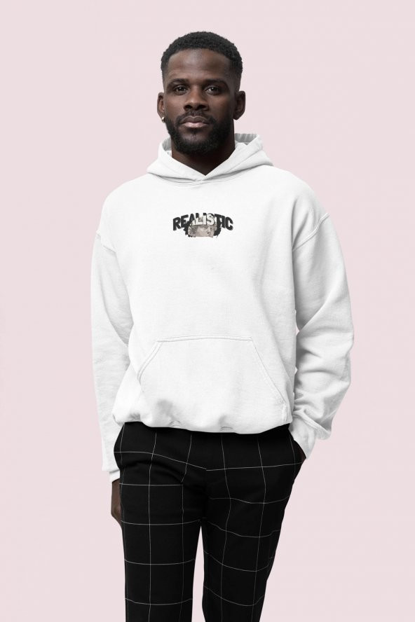 Realistic Baskılı Beyaz Erkek Kapüşonlu 3 iplik Şardonlu Ribanalı Sweatshirt Hoodie