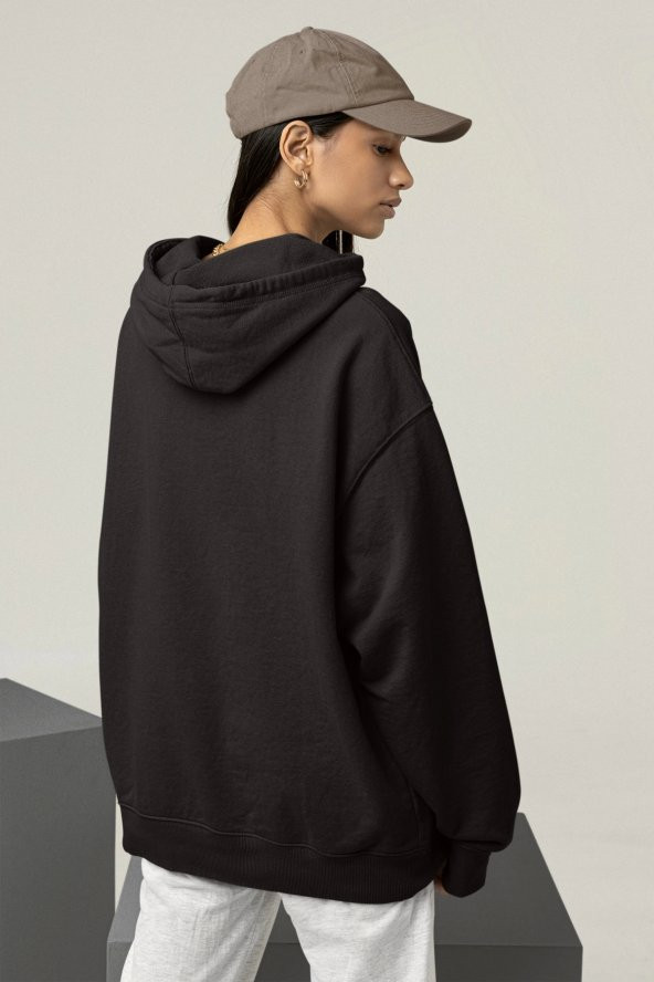 Kadın Düz Siyah Erkek Kapüşonlu 3 iplik Şardonlu Ribanalı Sweatshirt Hoodie - 2