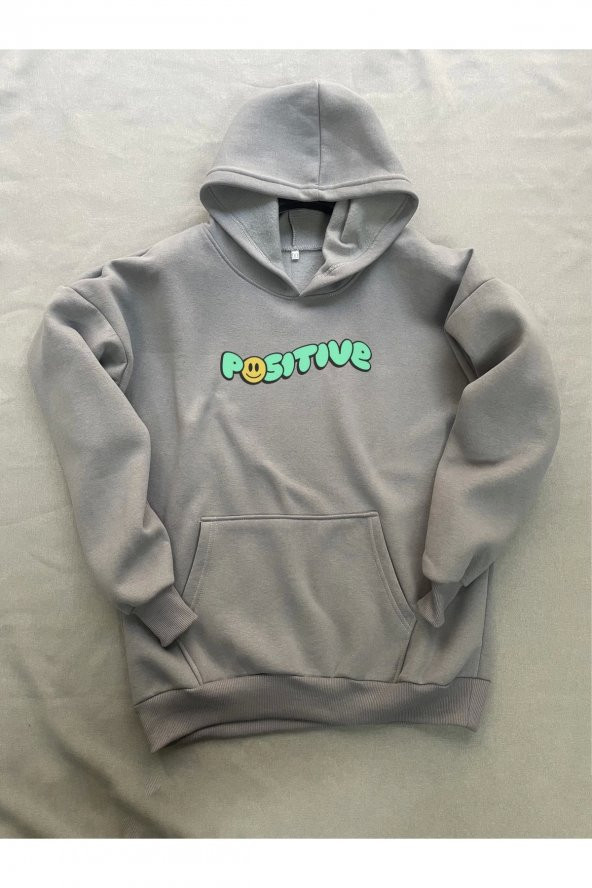 Positive Baskılı Gri Erkek Kapüşonlu 3 iplik Şardonlu Ribanalı Sweatshirt Hoodie - 3