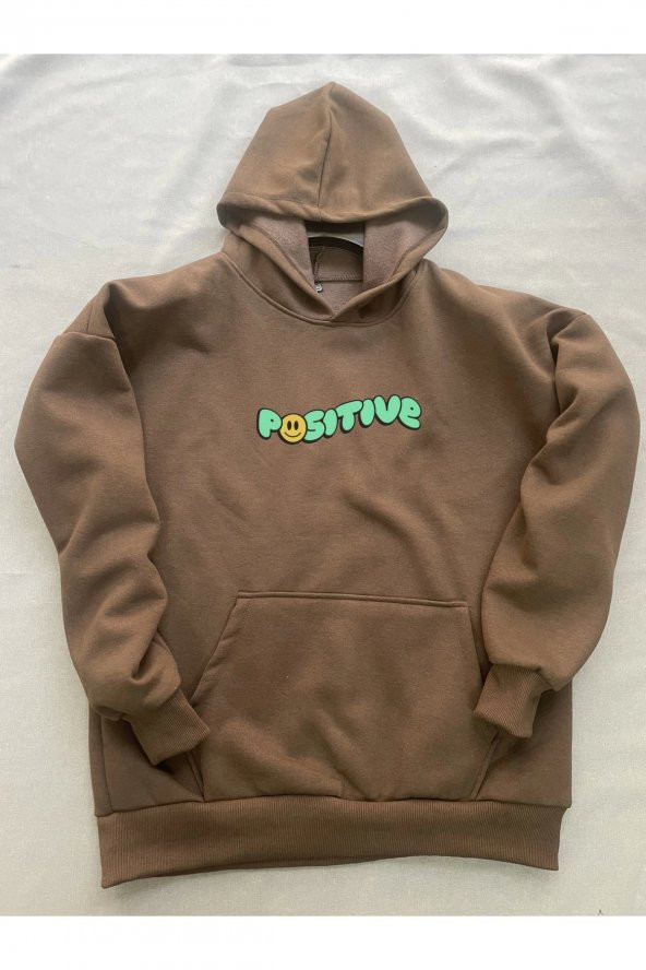 Positive Baskılı Kahverengi Erkek Kapüşonlu 3 iplik Şardonlu Ribanalı Sweatshirt Hoodie - 3