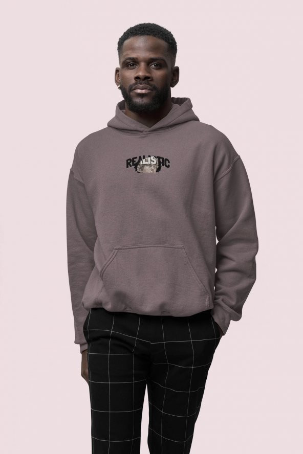 Realistic Baskılı Gri Erkek Kapüşonlu 3 iplik Şardonlu Ribanalı Sweatshirt Hoodie