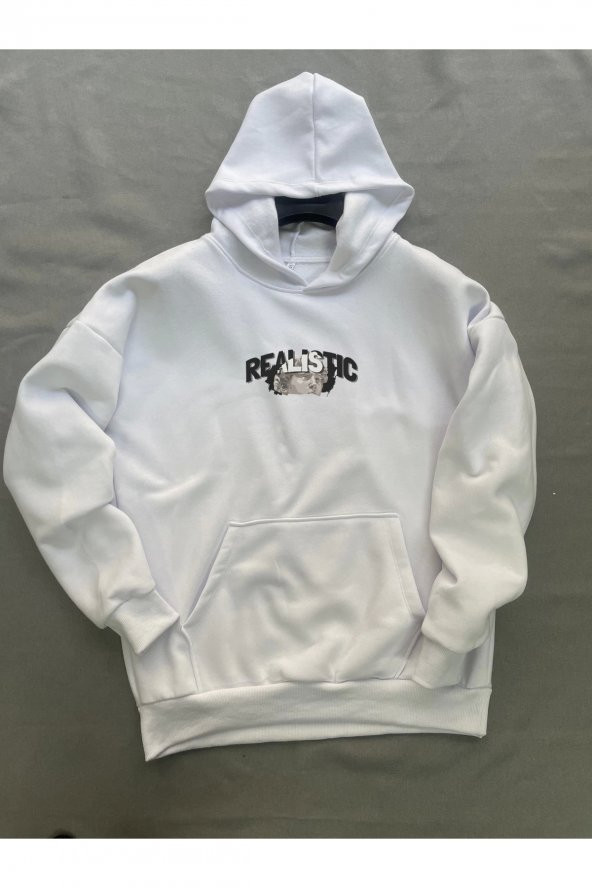 Realistic Baskılı Beyaz Erkek Kapüşonlu 3 iplik Şardonlu Ribanalı Sweatshirt Hoodie - 3