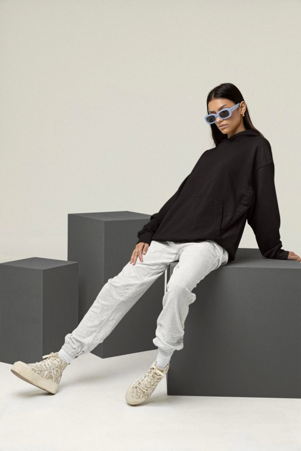 Kadın Düz Siyah Erkek Kapüşonlu 3 iplik Şardonlu Ribanalı Sweatshirt Hoodie - 4