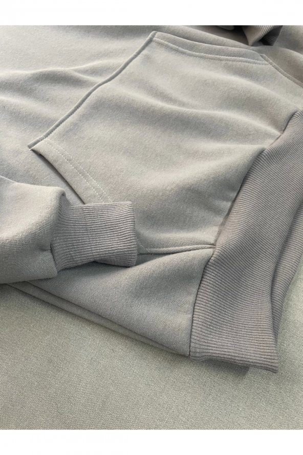 Düz Gri Erkek Kapüşonlu 3 iplik Şardonlu Ribanalı Sweatshirt Hoodie - 5