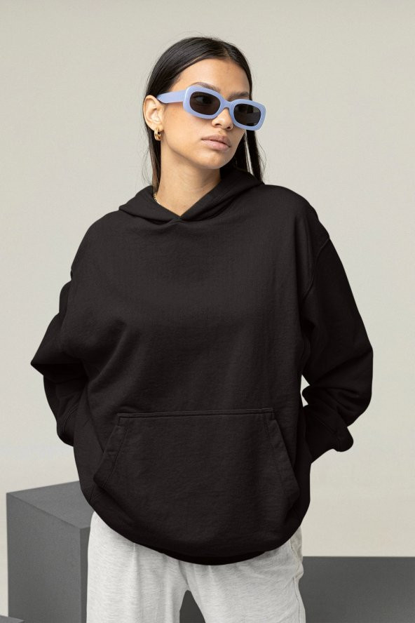 Kadın Düz Siyah Erkek Kapüşonlu 3 iplik Şardonlu Ribanalı Sweatshirt Hoodie - 5