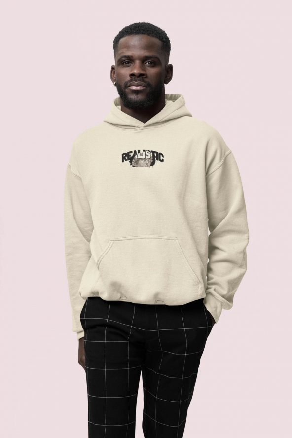 Realistic Baskılı Bej Erkek Kapüşonlu 3 iplik Şardonlu Ribanalı Sweatshirt Hoodie