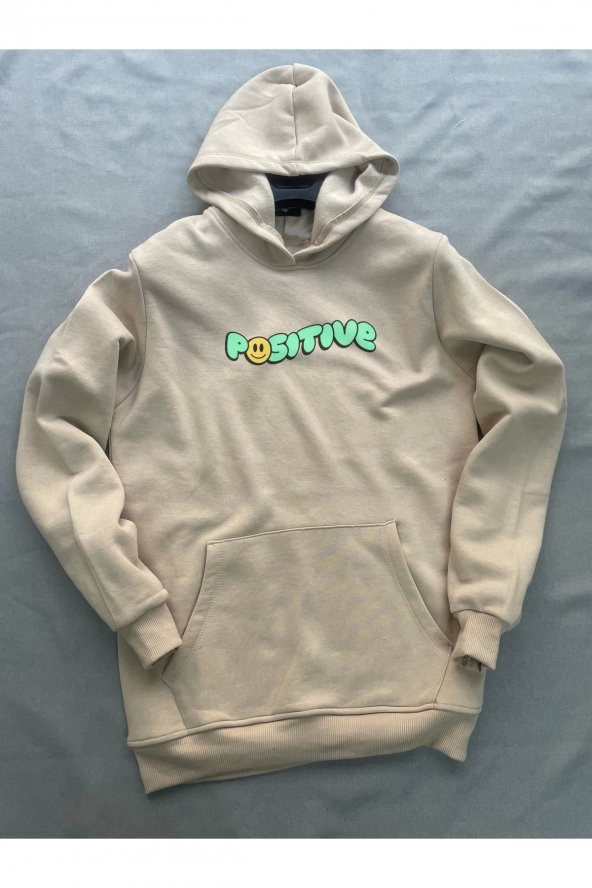 Positive Baskılı Bej Erkek Kapüşonlu 3 iplik Şardonlu Ribanalı Sweatshirt Hoodie - 3