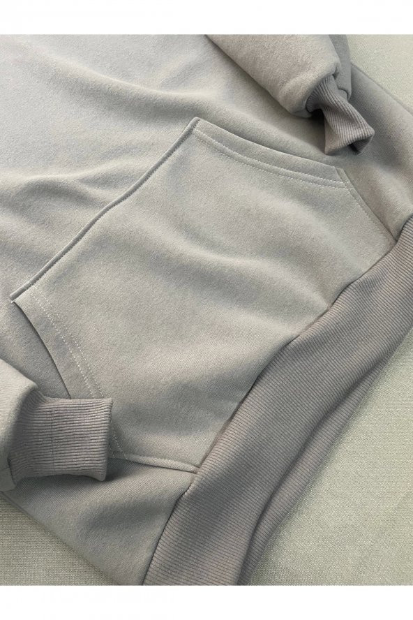 Düz Gri Erkek Kapüşonlu 3 iplik Şardonlu Ribanalı Sweatshirt Hoodie - 6