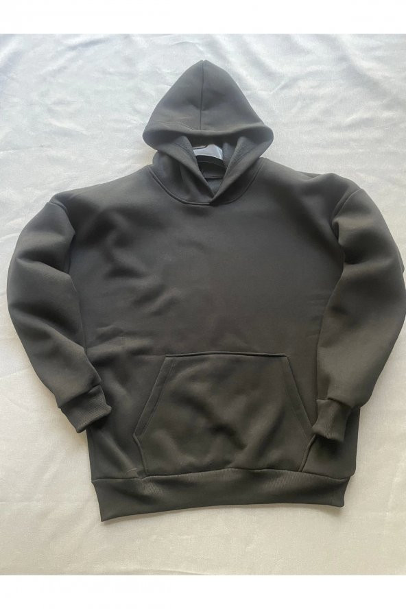 Düz Siyah Erkek Kapüşonlu 3 iplik Şardonlu Ribanalı Sweatshirt Hoodie - 3