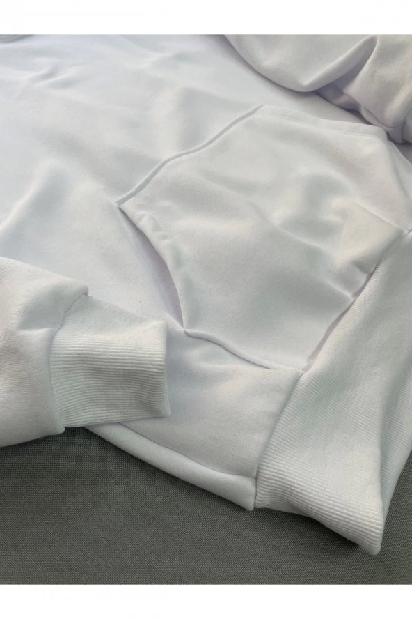 Positive Baskılı Beyaz Erkek Kapüşonlu 3 iplik Şardonlu Ribanalı Sweatshirt Hoodie - 5