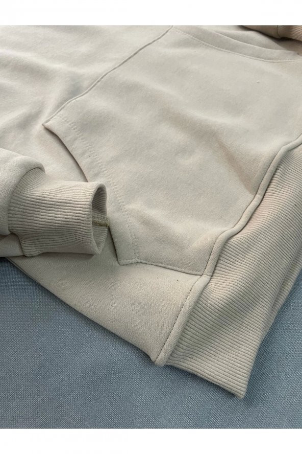 Düz Bej Erkek Kapüşonlu 3 iplik Şardonlu Ribanalı Sweatshirt Hoodie - 5