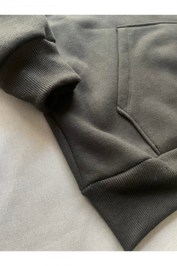 Düz Siyah Erkek Kapüşonlu 3 iplik Şardonlu Ribanalı Sweatshirt Hoodie - 5