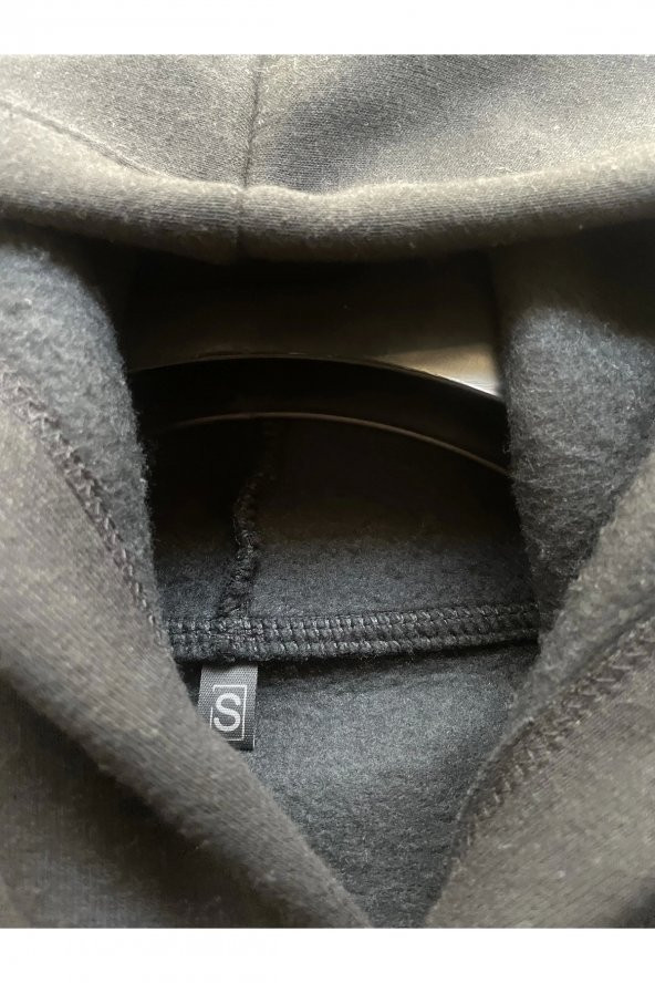 Positive Baskılı Siyah Erkek Kapüşonlu 3 iplik Şardonlu Ribanalı Sweatshirt Hoodie - 7