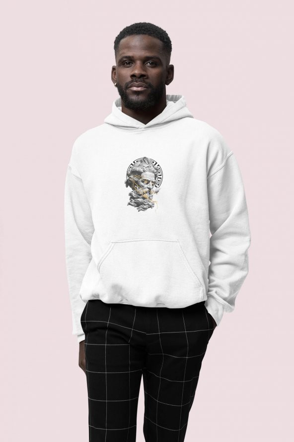 Zeus Baskılı Beyaz Erkek Kapüşonlu 3 iplik Şardonlu Ribanalı Sweatshirt Hoodie