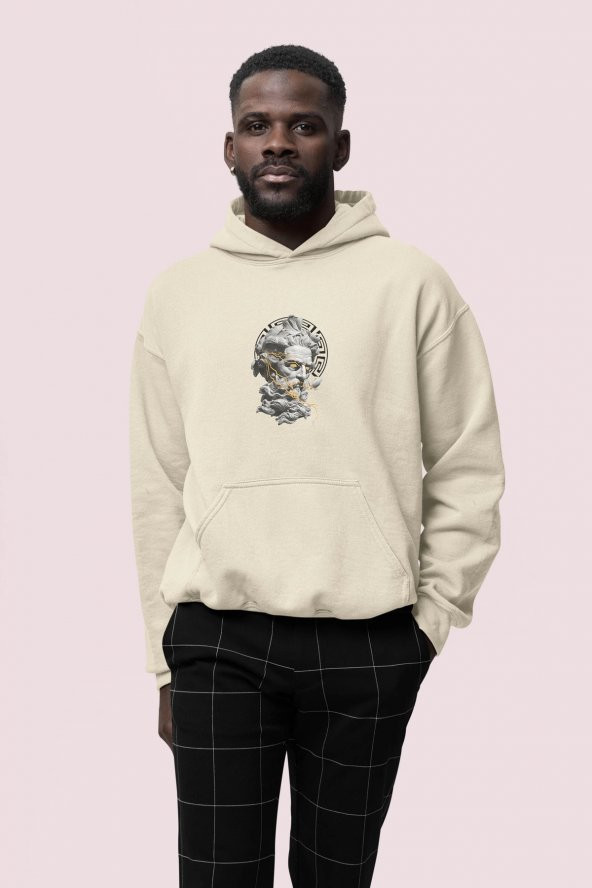 Zeus Baskılı Bej Erkek Kapüşonlu 3 iplik Şardonlu Ribanalı Sweatshirt Hoodie