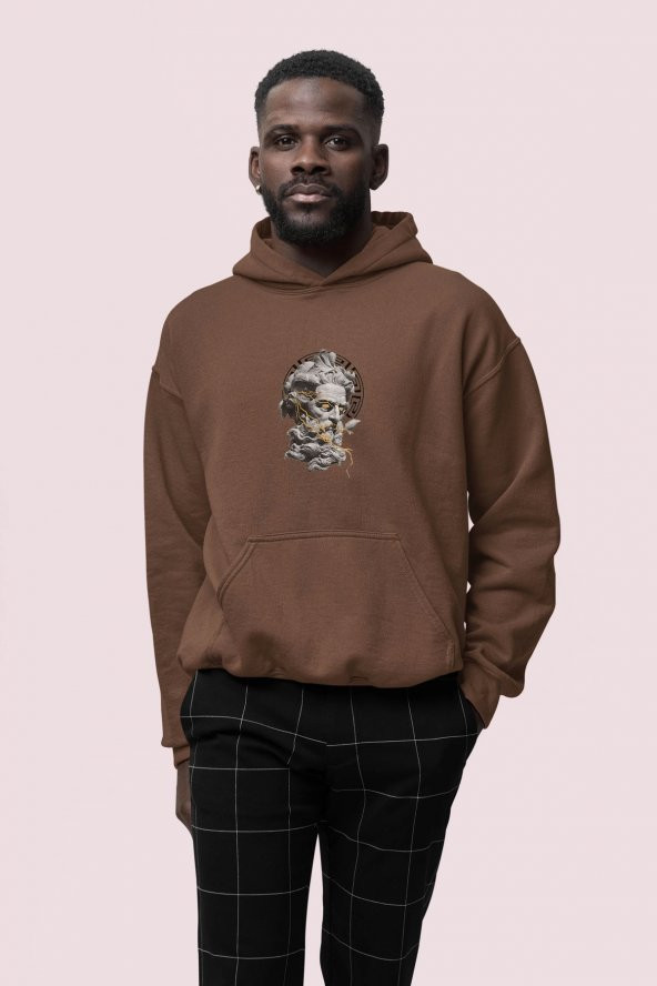 Zeus Baskılı Kahverengi Erkek Kapüşonlu 3 iplik Şardonlu Ribanalı Sweatshirt Hoodie