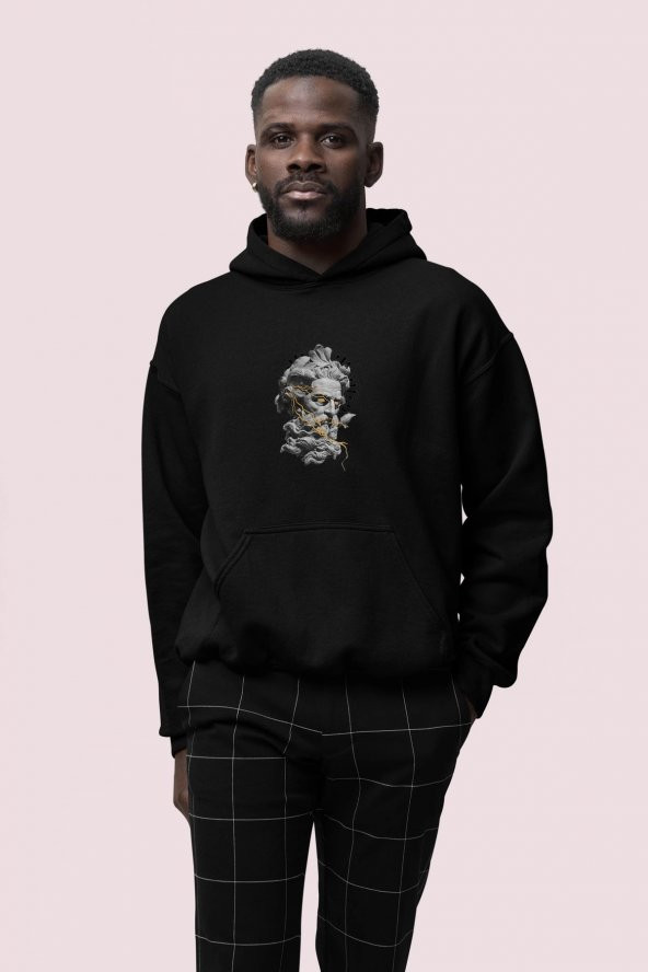 Zeus Baskılı Siyah Erkek Kapüşonlu 3 iplik Şardonlu Ribanalı Sweatshirt Hoodie