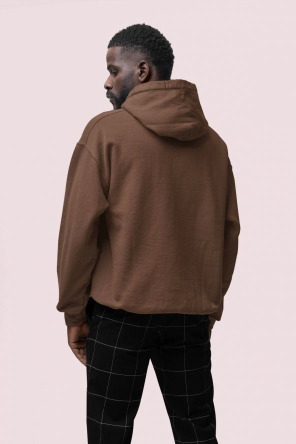 Zeus Baskılı Kahverengi Erkek Kapüşonlu 3 iplik Şardonlu Ribanalı Sweatshirt Hoodie - 2