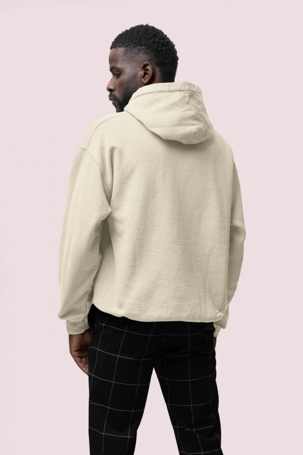 Zeus Baskılı Bej Erkek Kapüşonlu 3 iplik Şardonlu Ribanalı Sweatshirt Hoodie - 2
