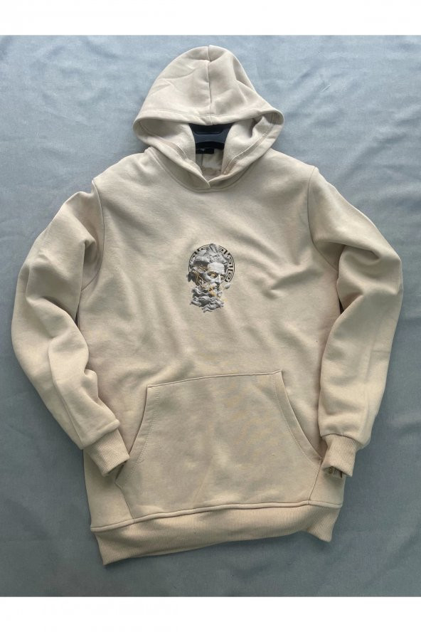 Zeus Baskılı Bej Erkek Kapüşonlu 3 iplik Şardonlu Ribanalı Sweatshirt Hoodie - 3