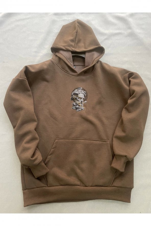 Zeus Baskılı Kahverengi Erkek Kapüşonlu 3 iplik Şardonlu Ribanalı Sweatshirt Hoodie - 3