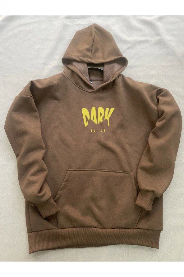 Dark Baskılı Kahverengi Erkek Kapüşonlu 3 iplik Şardonlu Ribanalı Sweatshirt Hoodie - 3