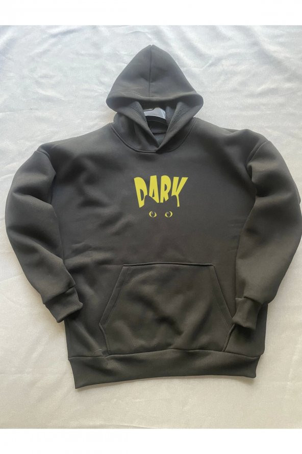 Dark Baskılı Siyah Erkek Kapüşonlu 3 iplik Şardonlu Ribanalı Sweatshirt Hoodie - 3