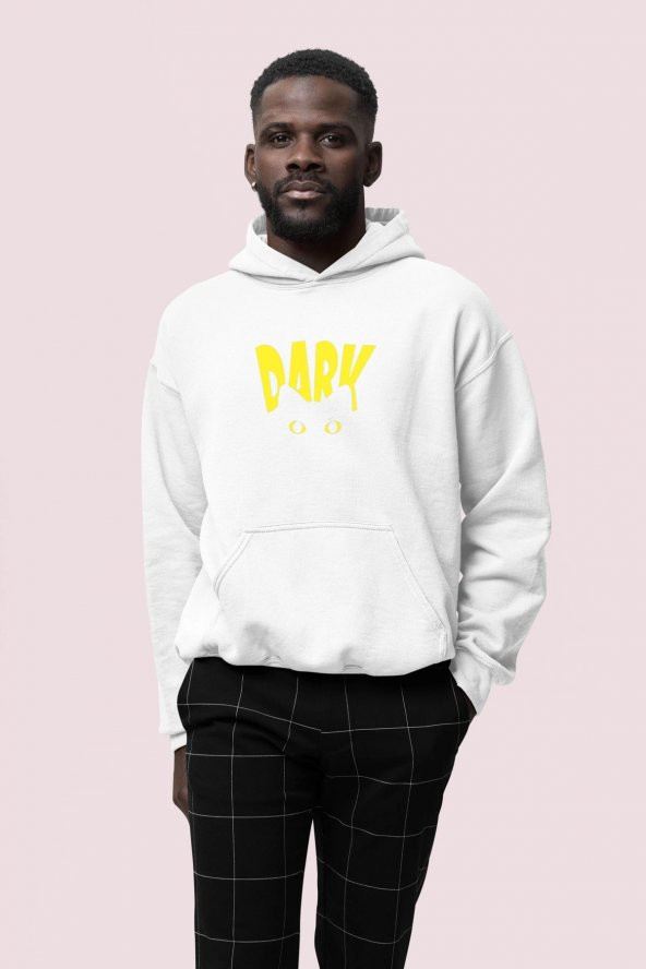 Dark Baskılı Beyaz Erkek Kapüşonlu 3 iplik Şardonlu Ribanalı Sweatshirt Hoodie