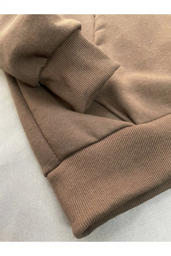 Zeus Baskılı Kahverengi Erkek Kapüşonlu 3 iplik Şardonlu Ribanalı Sweatshirt Hoodie - 5