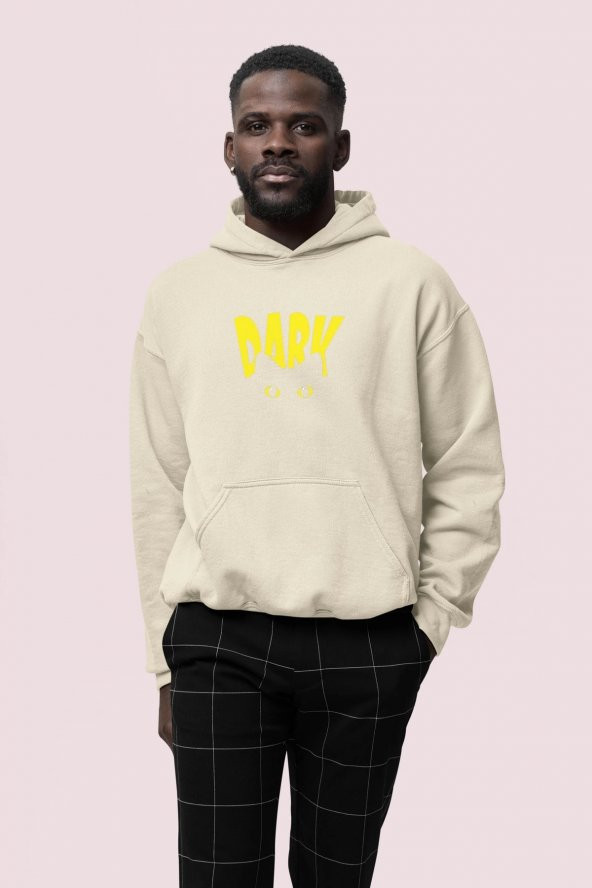 Dark Baskılı Bej Erkek Kapüşonlu 3 iplik Şardonlu Ribanalı Sweatshirt Hoodie