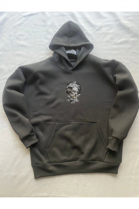 Zeus Baskılı Siyah Erkek Kapüşonlu 3 iplik Şardonlu Ribanalı Sweatshirt Hoodie - 3