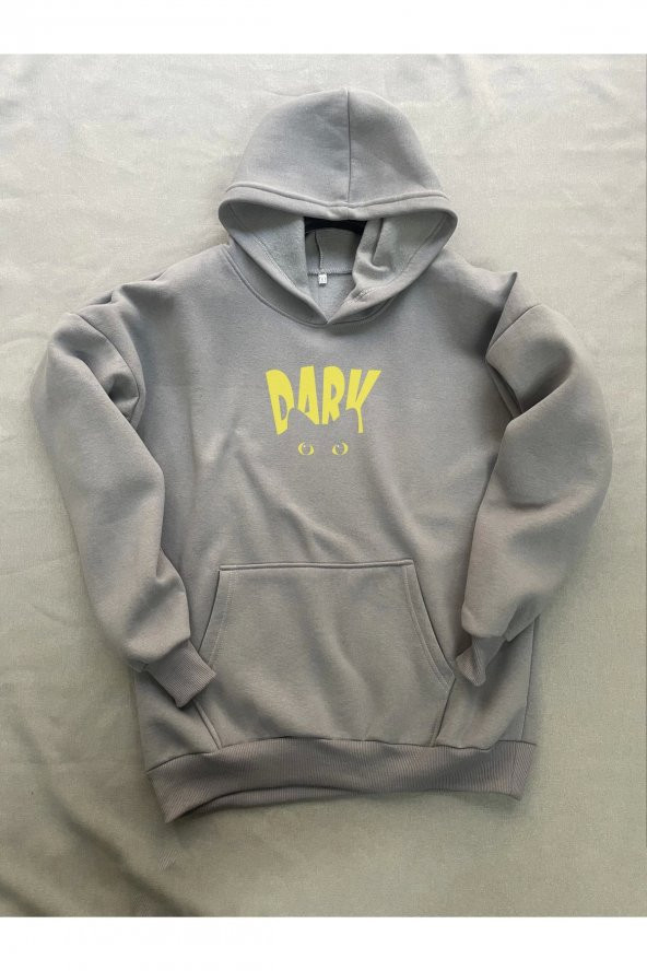 Dark Baskılı Gri Erkek Kapüşonlu 3 iplik Şardonlu Ribanalı Sweatshirt Hoodie - 3