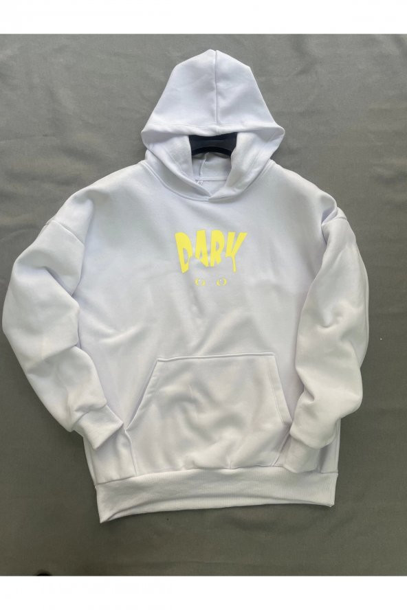 Dark Baskılı Beyaz Erkek Kapüşonlu 3 iplik Şardonlu Ribanalı Sweatshirt Hoodie - 3