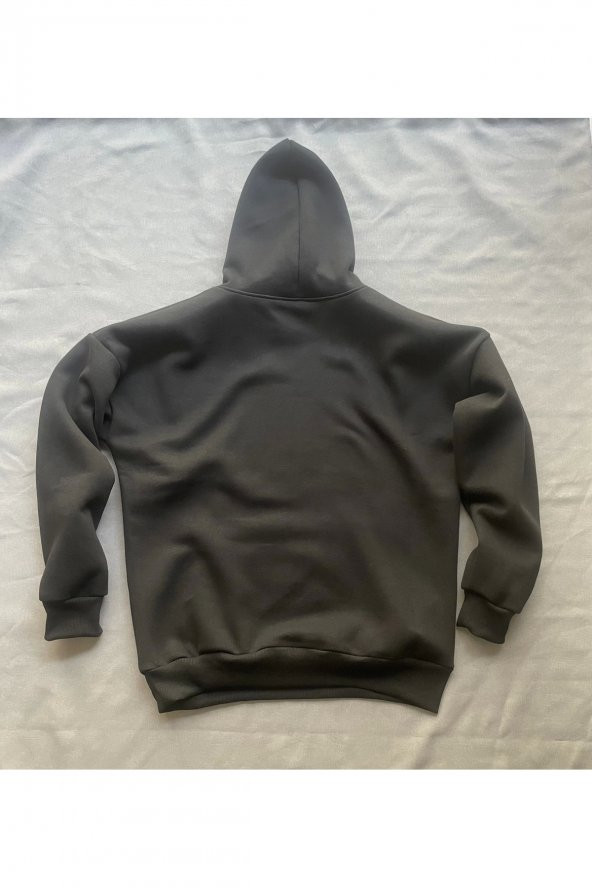 Zeus Baskılı Siyah Erkek Kapüşonlu 3 iplik Şardonlu Ribanalı Sweatshirt Hoodie - 4