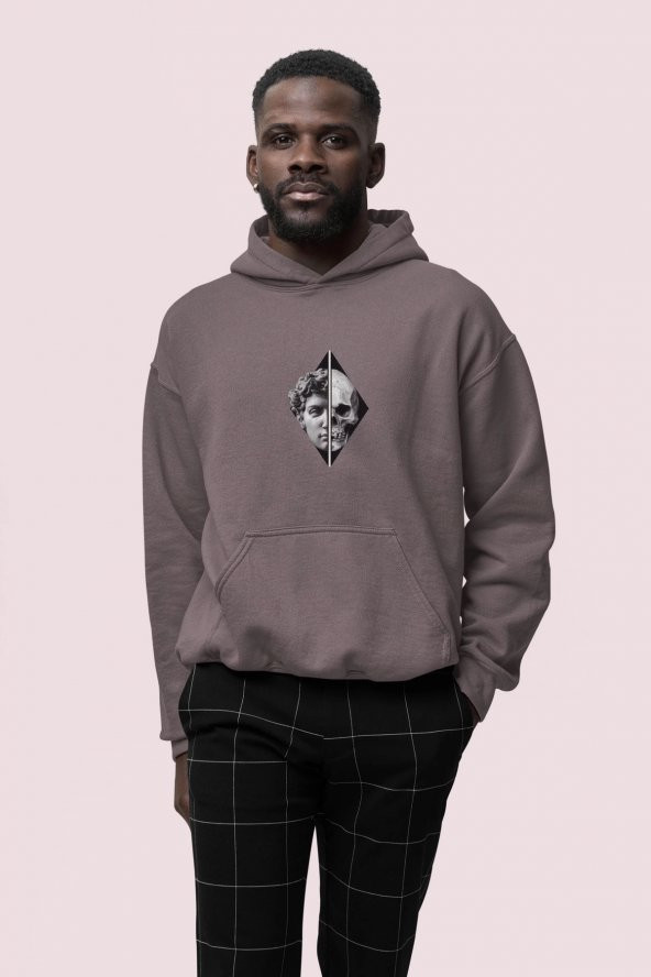 Skull Baskılı Gri Erkek Kapüşonlu 3 iplik Şardonlu Ribanalı Sweatshirt Hoodie