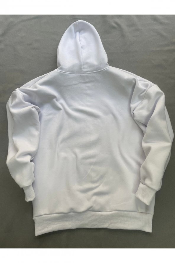 Dark Baskılı Beyaz Erkek Kapüşonlu 3 iplik Şardonlu Ribanalı Sweatshirt Hoodie - 4