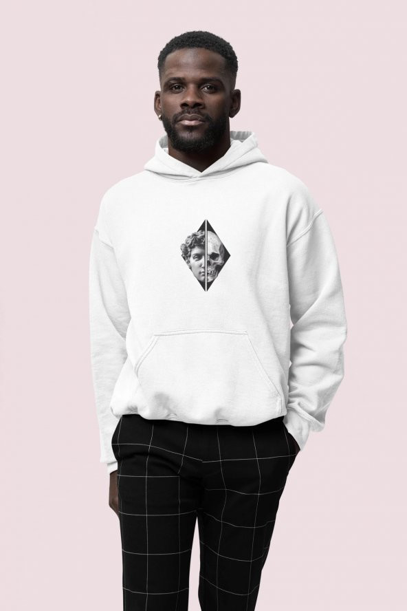 Skull Baskılı Beyaz Erkek Kapüşonlu 3 iplik Şardonlu Ribanalı Sweatshirt Hoodie