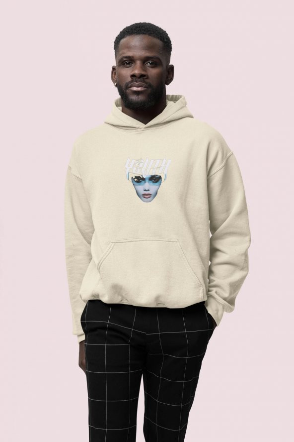 Youth Baskılı Bej Erkek Kapüşonlu 3 iplik Şardonlu Ribanalı Kanguru Cepli Sweatshirt Hoodie