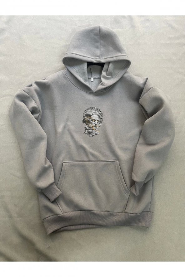 Zeus Baskılı Gri Erkek Kapüşonlu 3 iplik Şardonlu Ribanalı Sweatshirt Hoodie - 3