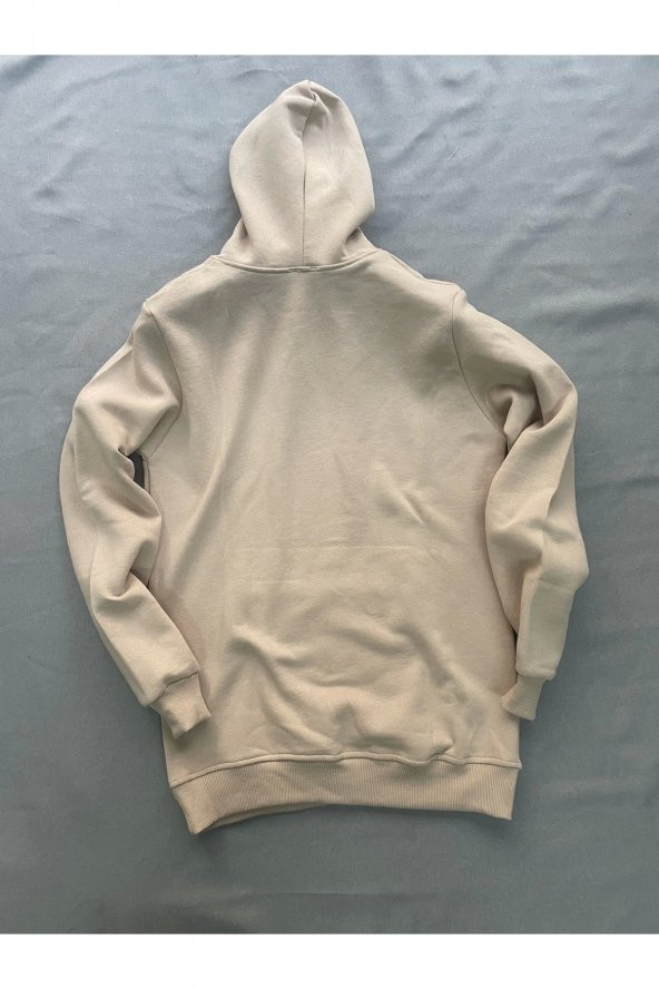 Dark Baskılı Bej Erkek Kapüşonlu 3 iplik Şardonlu Ribanalı Sweatshirt Hoodie - 4