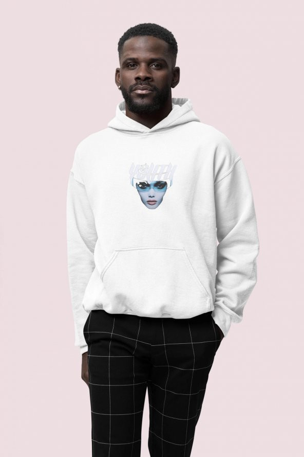 Youth Baskılı Beyaz Erkek Kapüşonlu 3 iplik Şardonlu Ribanalı Kanguru Cepli Sweatshirt Hoodie