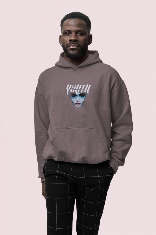 Youth Baskılı Gri Erkek Kapüşonlu 3 iplik Şardonlu Ribanalı Sweatshirt Hoodie