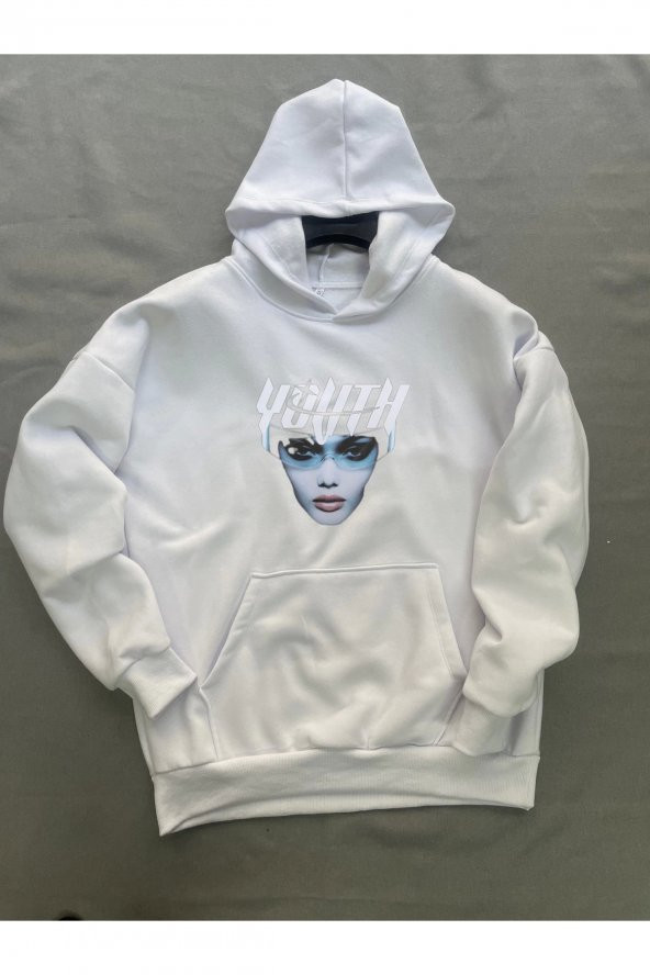 Youth Baskılı Beyaz Erkek Kapüşonlu 3 iplik Şardonlu Ribanalı Kanguru Cepli Sweatshirt Hoodie - 3