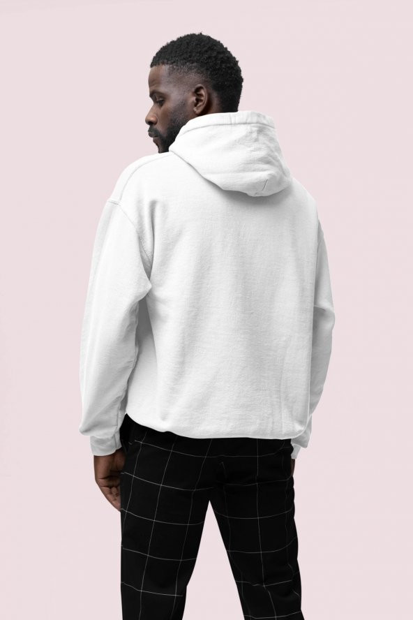 Skull Baskılı Beyaz Erkek Kapüşonlu 3 iplik Şardonlu Ribanalı Sweatshirt Hoodie - 2
